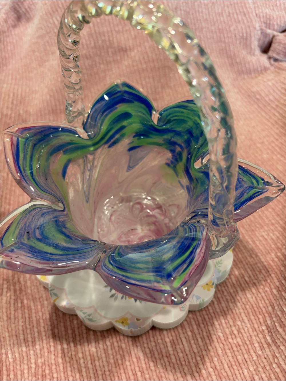 Murano Blue, Green & Pink Swirled Flower Basket